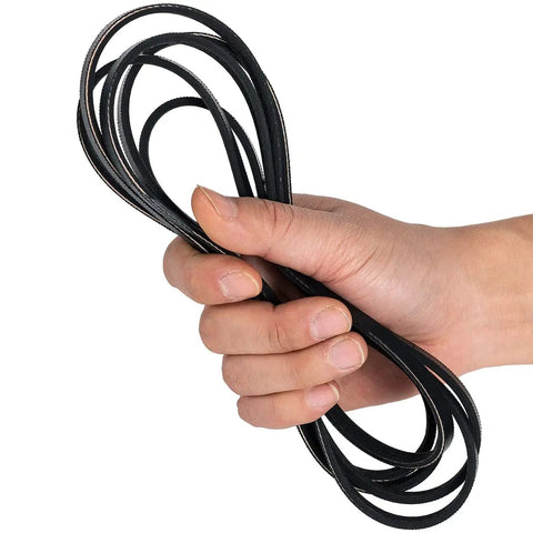 Hand holding Heavy Duty Dryer Drum Drive Belt For GE And Hotpoint Dryers With 4 Ribs And 3 Grooves, Tough As Nails Rubber Replacement