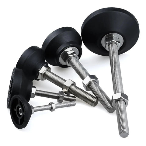 Adjustable Leveling Feet For Furniture And Equipment, 40mm Diameter, Thread M5 To M12, Length 30 To 150mm, Nylon And Stainless Steel Build, Anti Slip Base, No Fuss Easy Install In Prethreaded Sockets, Built Tough And Stable, angled view