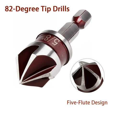 Built Tough Countersink Drill Bit Set With 82 Degree Five Flutes And Quick Change Hex Shank close-up showing 5/8 inch size