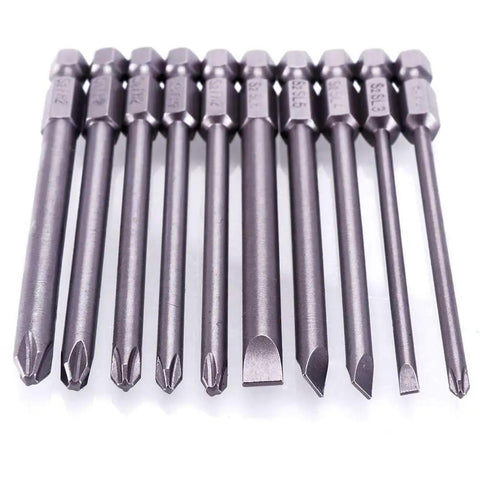 10Pcs 1/4 Inch Hex Shank Long Magnetic Screwdriver Bits Set For Power Tools Slotted Phillips Cross Head Beefy Magnetic Grip High Precision S2 Alloy Steel Wear Resistant For DIY And Pro Projects displayed in a row