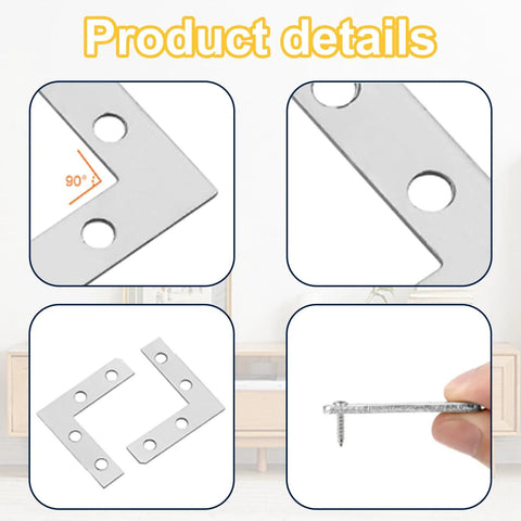 Ten Pack Stainless Steel Flat L Shape Corner Braces For Wood Furniture Cabinets And Shelves Right Angle Repair Brackets Mending Plates With Five Mount Holes 3.15 By 3.15 Inch showing product details and dimensions