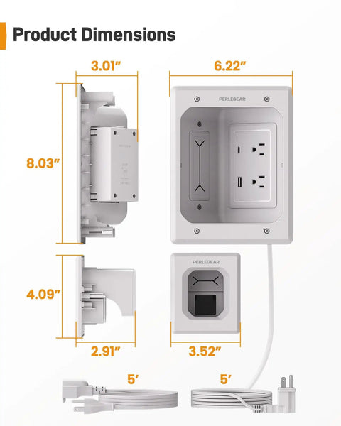 TV In Wall Cable Management Kit With USB And Type C Ports Cord Hider dimensions and components, including power and extension cables.