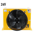 Beefy Industrial Blower Fan For Air Cooler And Hydraulic Cooling System 24V DC, black grill, yellow casing, front view