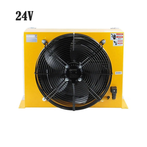 Beefy Industrial Blower Fan For Air Cooler And Hydraulic Cooling System 24V DC, black grill, yellow casing, front view