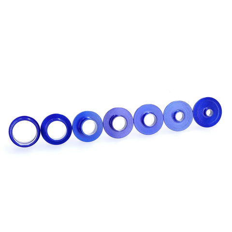 Rock Solid 10 Piece Router Template Bushing Set With Heavy Duty Aluminum Alloy Frame built like a tank slick lock nuts for smooth woodworking jobs displaying blue aluminum bushings.