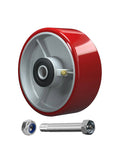 Hardcore Heavy Duty Cast Iron Caster Wheels With Slick Polyurethane Tread, 1000 Pound Load Rating, Half Inch Center Bore, Five By Two Inch Solid Rollers For Shop And Warehouse Gear, 100 Pack, close-up view showing red wheel and hardware.