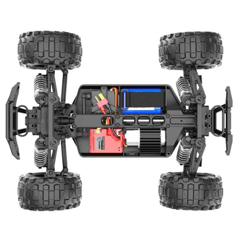 Undercarriage view of Volcano One Sixteenth Scale RC Monster Truck With Four Wheel Drive, LED Headlights, 2.4GHz Radio, dual batteries