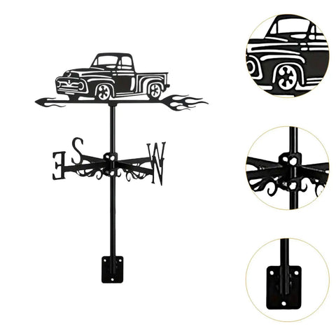 Black Metal Pickup Truck Weathervane Ornament For Outdoor Yard Decor Wind Direction Indicator with detailed iron truck design.