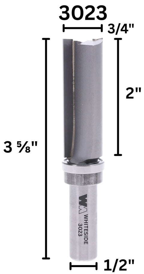 Workhorse Template Router Bit With Ball Bearing Carbide Tipped Three Quarters Inch Cutting Diameter Two Inch Cutting Length Half Inch Shank Three And Five Eighths Inch Overall Length Ideal For Template Work And Flush Cutting Durable For Precise Routing with size annotations