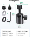 Adjustable Ball And Socket Mic Adapter With 360 Degree Pan And 90 Degree Tilt All Metal Pro Grade Gear For 5/8 And 3/8 Inch Threaded Mounts Lightweight Secure Locking Swivel Mic Stand For Streaming Cameras And Mics package list with adapters, lock ring, and hex wrench