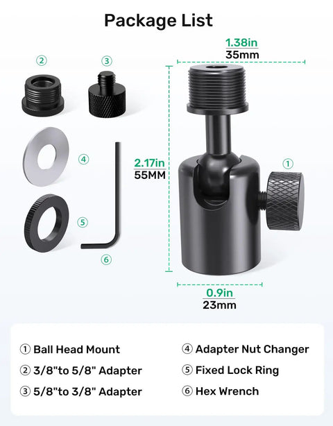 Adjustable Ball And Socket Mic Adapter With 360 Degree Pan And 90 Degree Tilt All Metal Pro Grade Gear For 5/8 And 3/8 Inch Threaded Mounts Lightweight Secure Locking Swivel Mic Stand For Streaming Cameras And Mics package list with adapters, lock ring, and hex wrench