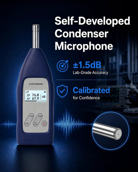 Type 2 Sound Level Meter With Calibration Certificate For IEC 61672 2013 Class 2 Professional Noise Meter DC Powered With LCD Display Wide 29 dB To 138 dB Range 20 Hz To 12 kHz High Accuracy Condenser Microphone, shown front view