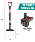 Image of Heavy Duty Garden Pitch Fork With 5 Tines And 41 Inch Fiberglass Handle D Grip, showing 41.5-inch dimensions and pivot bracket detail.