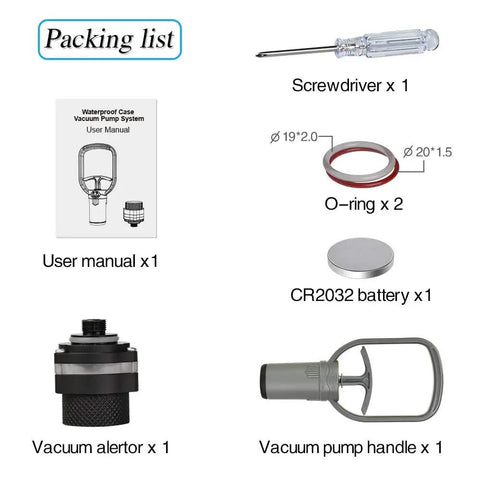 Packing list showing Vacuum Pump Handle With Vacuum Alertor For Pre Dive Leak Check, screwdriver, O-rings, battery, and user manual.