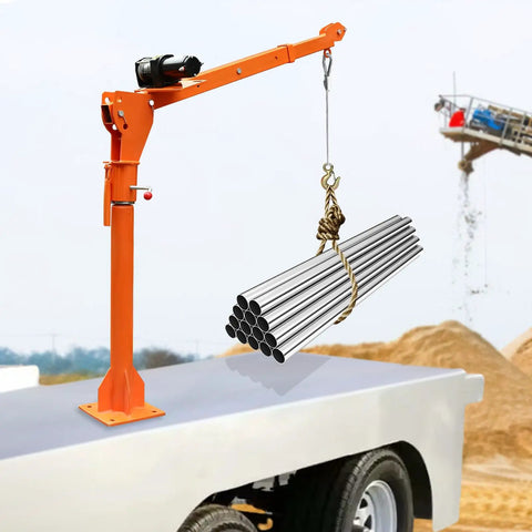 Heavy Duty 1100 Lb Truck Bed Crane Hoist With Electric Winch lifting steel pipes on a pickup truck bed.