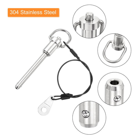 Two Pack 1/4 Inch By 2 Inch Quick Release Pins, Stainless Steel Ball Locking Pins With Ring Handle And Wire, 304 Marine Grade, Silver