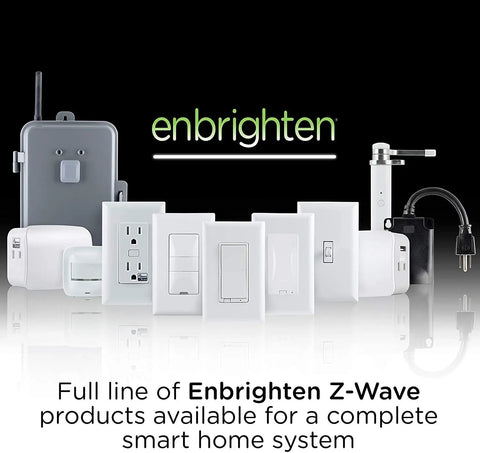 Full line of Z-Wave products with metal enclosure, outlets, switches, and smart plug for home automation setup.