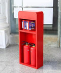 Hella Tough Stainless Steel Fire Extinguisher Cabinet With Double Storage Slot For Two Masks showcasing two red fire extinguishers and space for two masks.