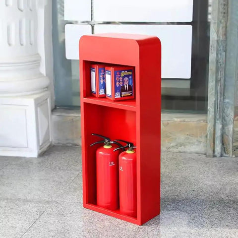Hella Tough Stainless Steel Fire Extinguisher Cabinet With Double Storage Slot For Two Masks showcasing two red fire extinguishers and space for two masks.