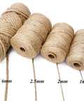 Heavy Duty Brown Jute Twine 328 Feet 2.5mm 4 Ply String For Garden DIY Crafts Gift Wrapping Mason Jars Wedding Decor And Packaging shown with different thicknesses of jute twine.