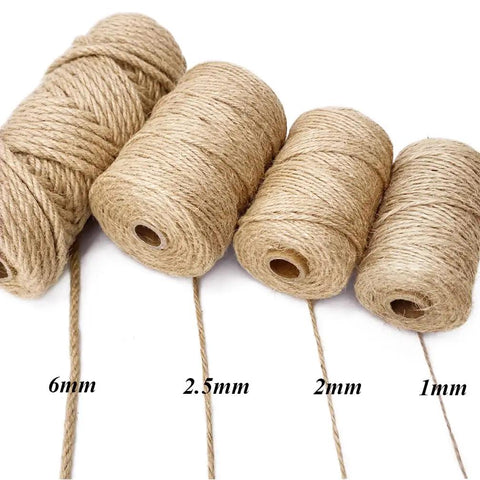 Heavy Duty Brown Jute Twine 328 Feet 2.5mm 4 Ply String For Garden DIY Crafts Gift Wrapping Mason Jars Wedding Decor And Packaging shown with different thicknesses of jute twine.
