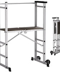 5 Foot Foldable Aluminum Scaffolding, Portable Rolling Work Platform With Adjustable Height, Scaffold Tower And Ladder Stool, Multiuse Work Bench, Lightweight Aviation Aluminum Alloy, Boss Level Stability, 330 Lbs Capacity, Easy Setup, folded and open
