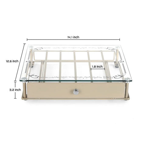 Beige K Cup Holder With Tempered Glass Top Coffee Pod Organizer For 36 Pods, dimensions labeled, detachable glass cover