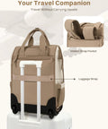 Front view of taupe rolling puffer laptop backpack on wheels with retractable handle and luggage strap