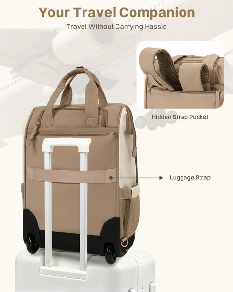Front view of taupe rolling puffer laptop backpack on wheels with retractable handle and luggage strap