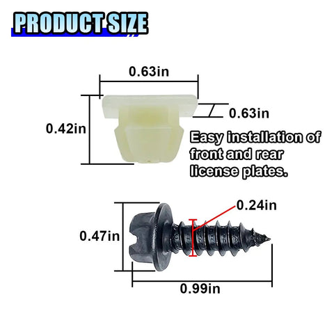 Heavy Duty Stainless Steel License Plate Screw Kit with Self Tapping Bolts and Nylon Inserts size diagram