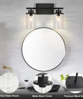 Matte Black Two Light Vanity Light Fixtures With Clear Glass Shades Over Mirror Wall Sconces for Bathroom