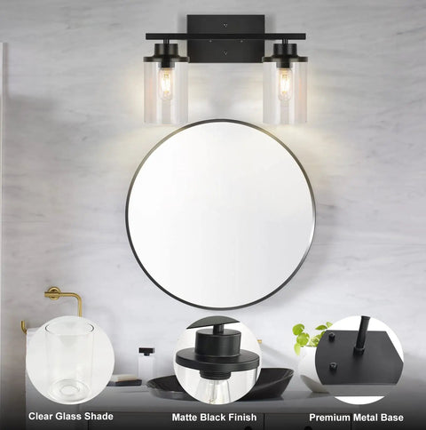 Matte Black Two Light Vanity Light Fixtures With Clear Glass Shades Over Mirror Wall Sconces for Bathroom