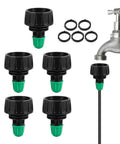 Five garden hose adapters with lock barbed design near a faucet, showing 3/4 to 1/4 inch connectors with rust resistant, leak free seal.