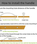 Diagram showing how to install handle pulls on a cabinet door, detailing measurements and screw hole placement for single hole handles.
