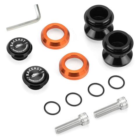 M10 Swingarm Spools Slider for Motorcycles 10mm x 1.5 pitch, CNC aluminum, orange and black components, with bolts and O-rings