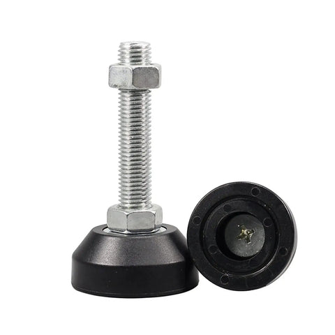 Adjustable Furniture Leg Leveling Feet With Threaded Mounts, black plastic base and metal threaded screw for stable support.