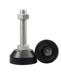 Heavy Duty Adjustable Leveling Feet 10 Piece Set With Solid Rubber Base Swivel Hinged Foot Cups For Furniture And Machinery Easy Height Tweaks Real Deal Grip No Sweat Installation Smooth Sailing Performance Top Tier Support Kit, close-up of rubber leveling foot with metal stem.