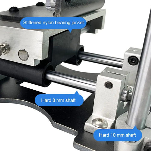 Close-up of Heavy Duty Mortising Jig And Loose Tenon Joinery Kit with stiffened nylon bearing and hard shafts.