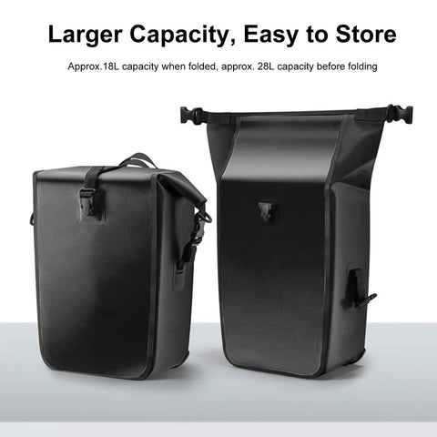 Rainproof Bike Rack Pannier Bag With Reflective Strips And Buckle, Adjustable Straps, 18 to 28 L, standing and folded view