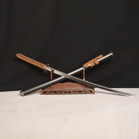 40 Inch Metal Cosplay Katana With Reverse Blade From Rurouni Kenshin Himura Anime Sword displayed on wooden stand