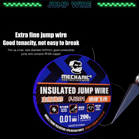 0.01mm Insulated Jump Wire spool with product details for motherboard fingerprint sensor repair and phone chip conduction