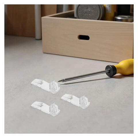 Clear Plastic Shelf Supports Locking Pins Set Of 60 For Cabinets And Shelves with screwdriver on table