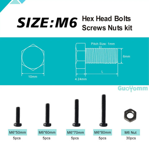 M6 Hex Head Bolts And Nuts Assortment Kit, Pro Grade 8.8 Alloy Steel Screws With Tough Black Oxide Coat, sized 50mm to 80mm.