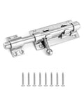 Heavy Duty Six Point Three Inch Stainless Steel Sliding Gate Bolt Lock With Padlock Ready Opening And No Sweat Mounting Kit showing metal mount and screws.