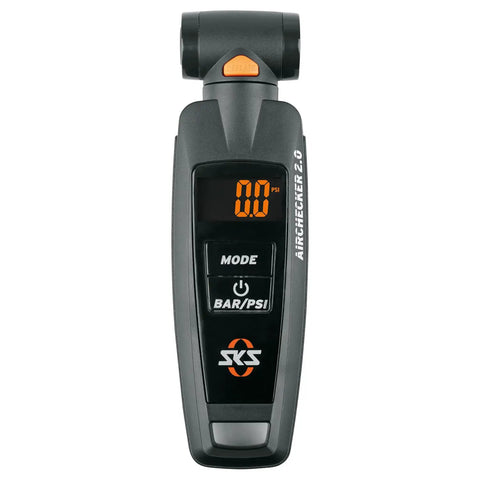 Air Checker Digital Tire Pressure Gauge For Presta And Schrader With Backlit Display Bar And PSI Readouts Quick Release Bleed Valve Compact Bike Tool On The Go, front view