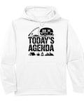 Wilderness Explorer Performance Hoodie For RV Camping Crew, Funny Camper Gift Idea with 'Today's Agenda' print on white fabric
