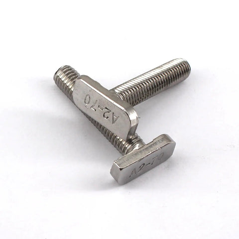 Built Tough M8 By 30 Millimeter Grade 304 Stainless Steel T Slot Bolts with wide heads and threaded shafts for outdoor mounting.