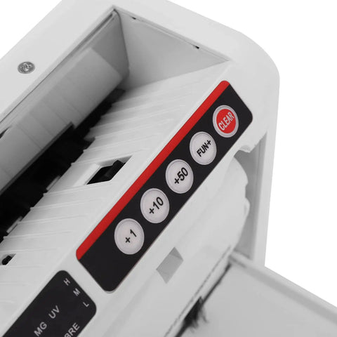 Close-up of control panel on Portable Digital Money Counter With UV And MG Detection, 800 Bills Per Minute, Battery Operated.