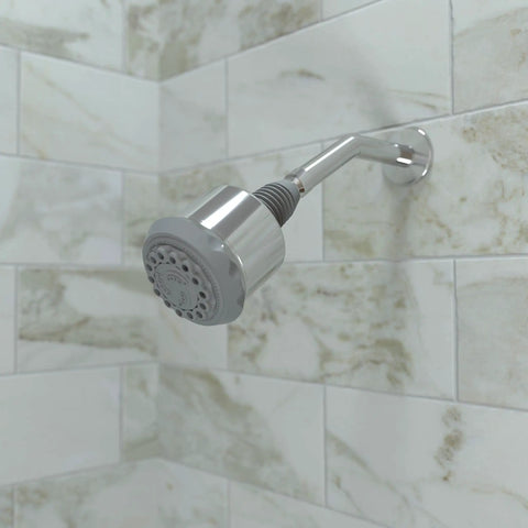 Showerhead With Three Spray Modes And Pulsating Massage Soft Spray Quick Clean In Chrome mounted on white tiled wall