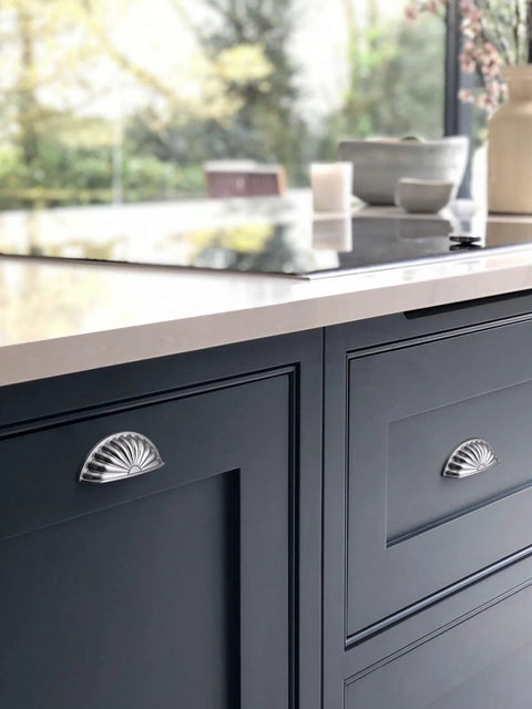 Brushed Nickel Cabinet Cup Pulls 3 Inch Center Hole 5 Pack on modern kitchen drawers, silver flower-petal inspired design with zinc alloy construction